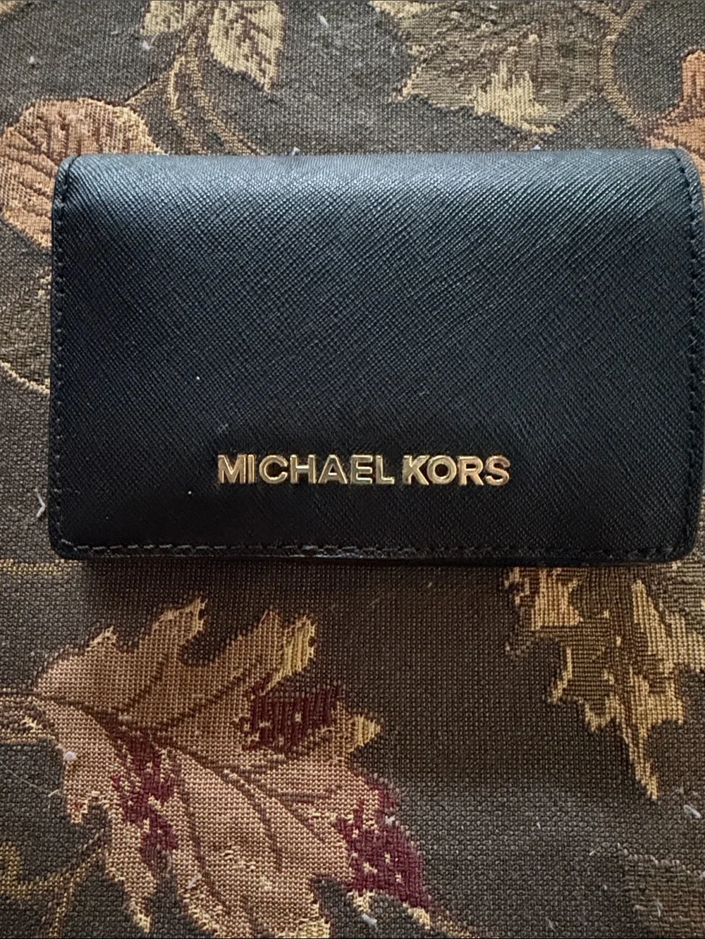 Michael Kors Black Saffiano Leather Card & Key Holder with Gold Logo